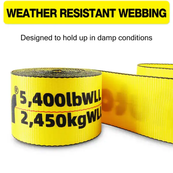Close-up of yellow weather-resistant webbing roll with weight capacity labels, suitable for outdoor and damp conditions.
