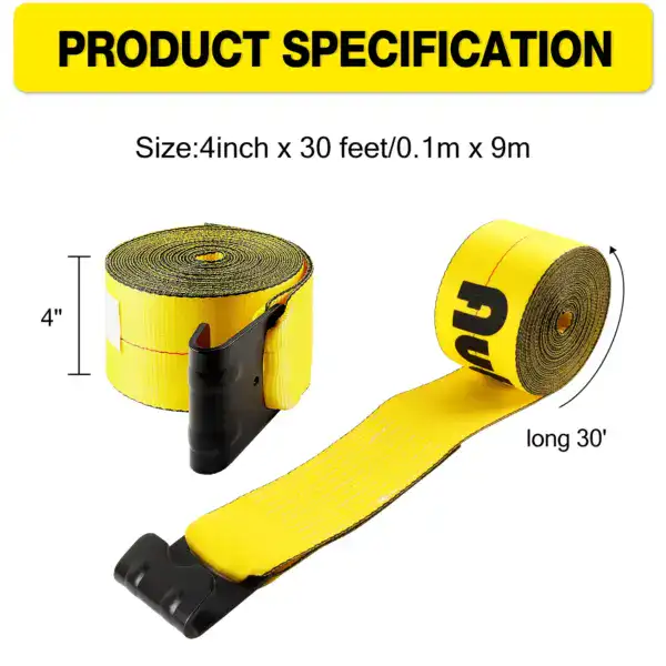 Durable yellow lifting strap with black reinforced handle, measuring 4 inches wide and 30 feet long, ideal for heavy lifting and industrial applications.