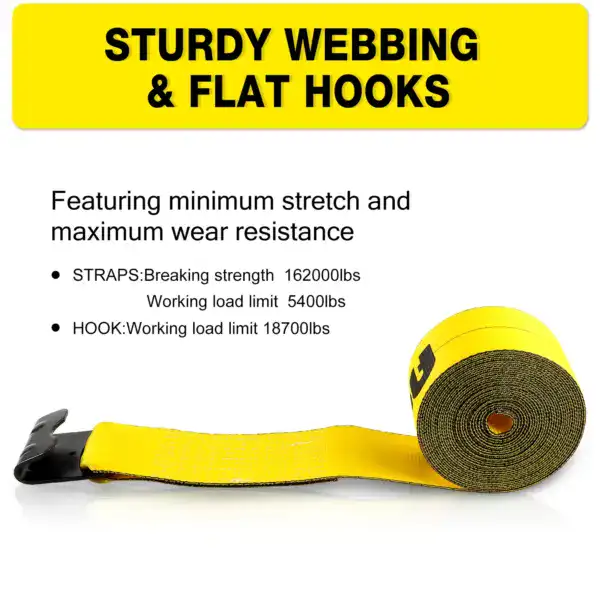 Heavy-duty webbing strap with flat hooks designed for secure lifting and load resistance, ideal for industrial and construction applications.