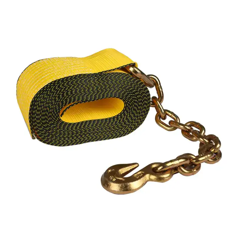 High-quality yellow towing strap with metal chain and hook for vehicle recovery and towing. Durable, strong, and reliable for safe towing operations.