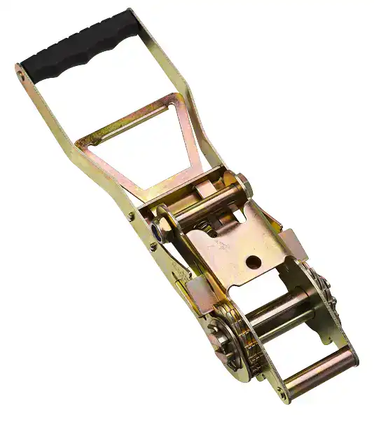 Heavy-duty ratchet strap tensioner for lifting and securing loads.