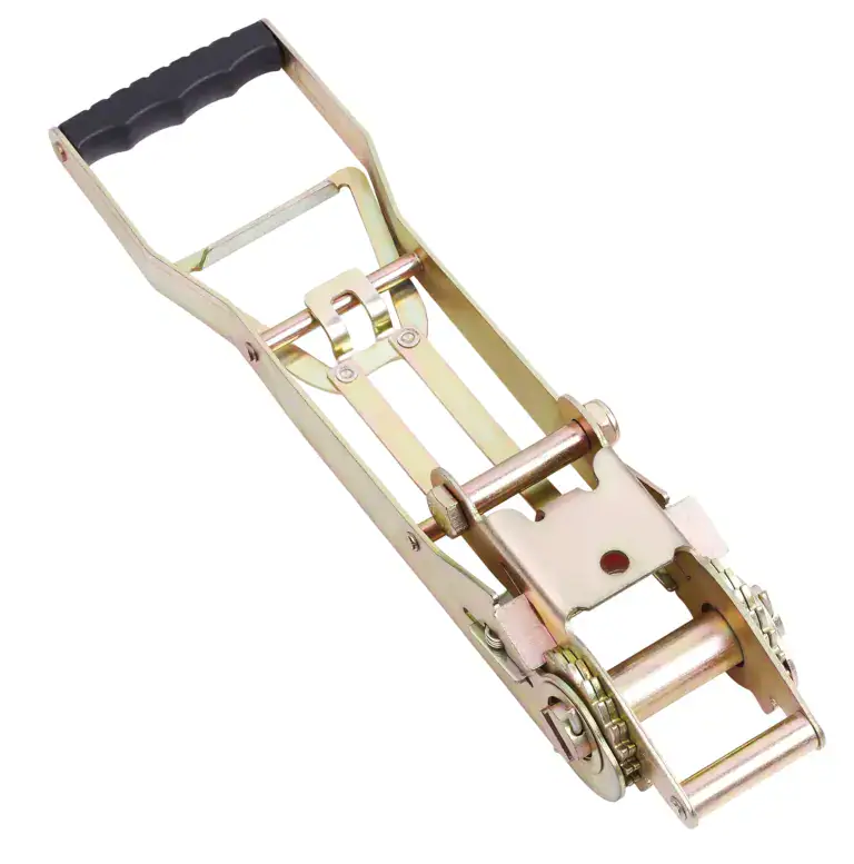 Heavy-duty lifting ratchet strap with ergonomic handle for secure cargo transport and industrial lifting applications.