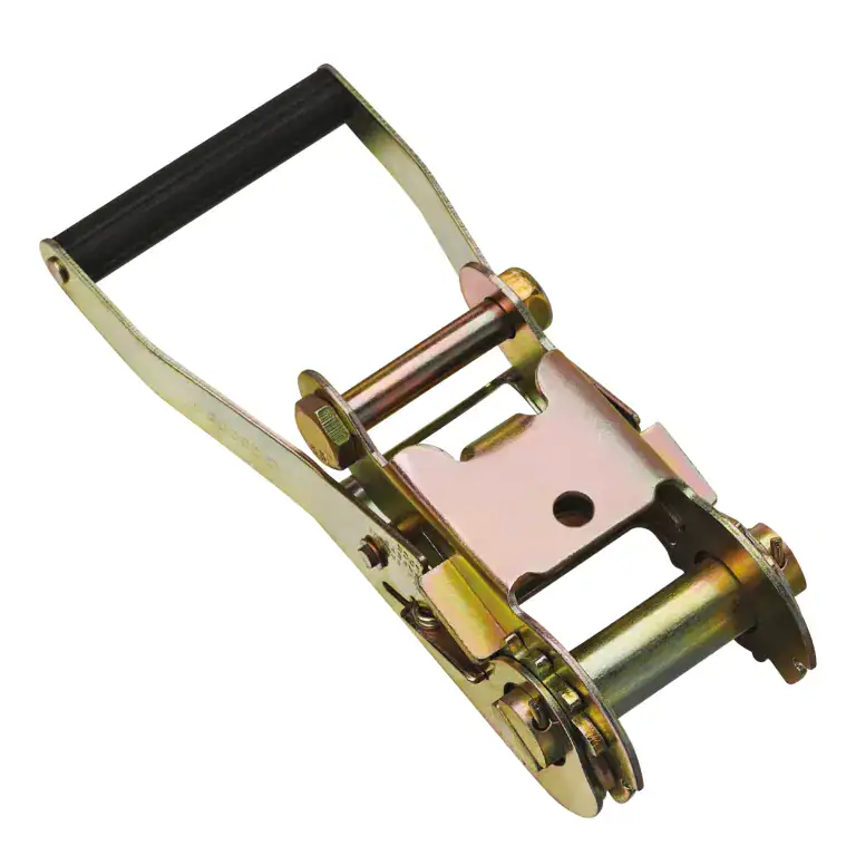 Heavy-duty ratchet strap mechanism for lifting and securing heavy loads. Made of durable metal with a black handle for easy operation and reliable tension control.