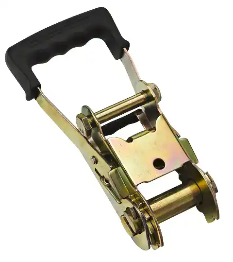 Heavy-duty ratchet strap tensioner for lifting and securing loads.