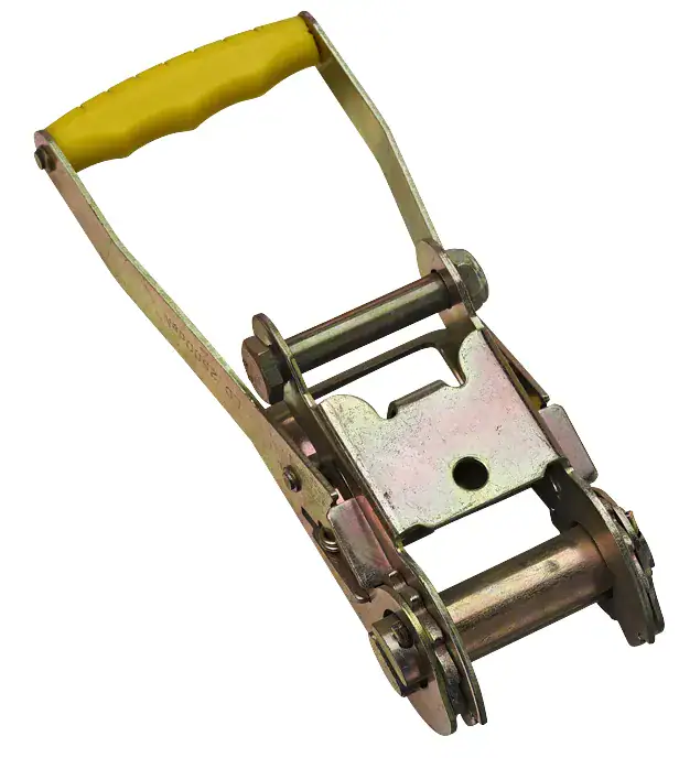 Heavy-duty steel ratchet strap tensioner for lifting and securing loads.