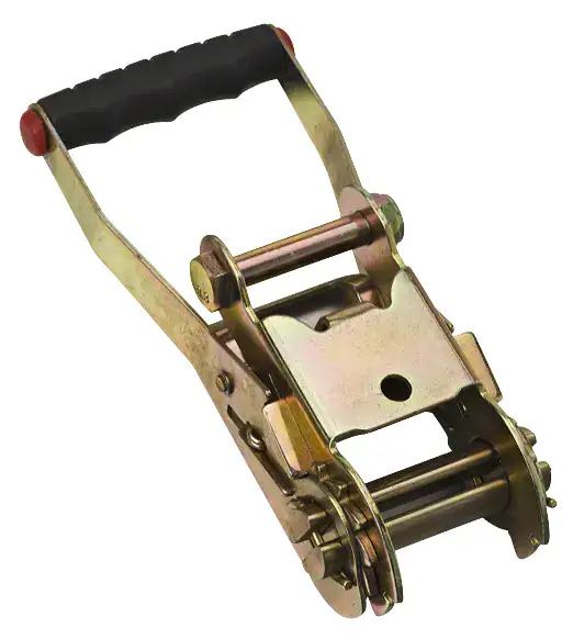 Heavy-duty ratchet strap tensioner for lifting and securing loads.