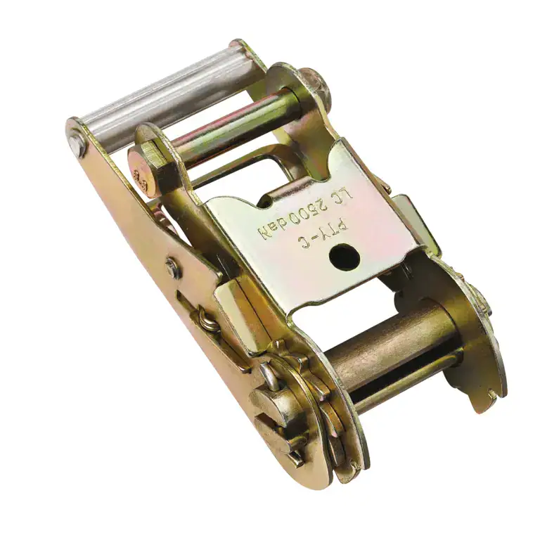 Industrial ratchet buckle for reliable lifting, cargo securing, and heavy equipment transportation.