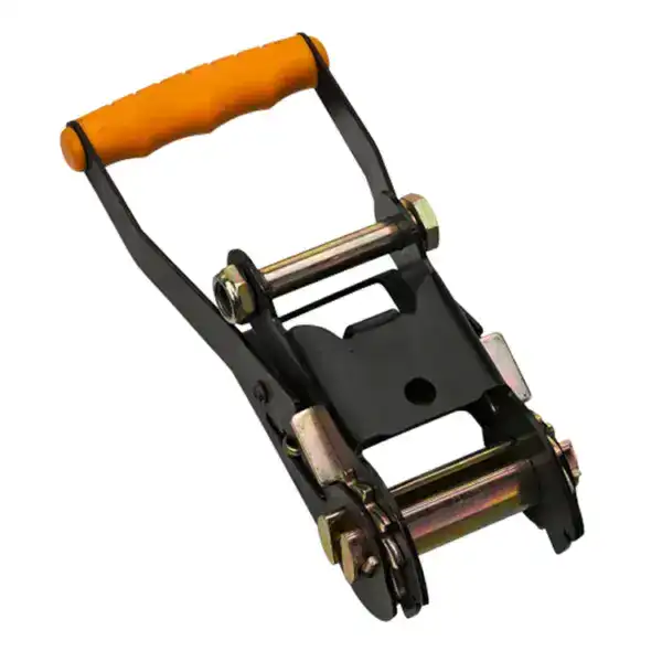 Heavy-duty lifting clamp with orange handle for secure grip and safety in industrial lifting applications. Designed for lifting and moving heavy loads efficiently and safely.