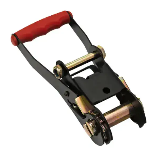 Heavy-duty lifting clamp with red handle, designed for secure lifting and rigging of heavy materials in industrial settings.