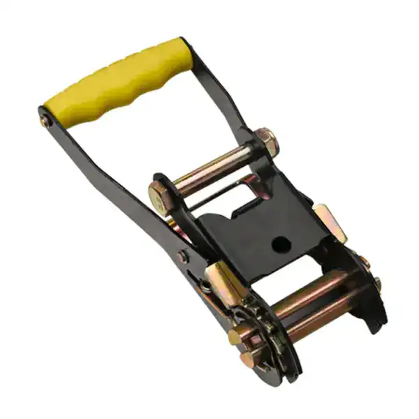 Heavy-duty lifting clamp with yellow handle for secure lifting and moving of heavy loads.