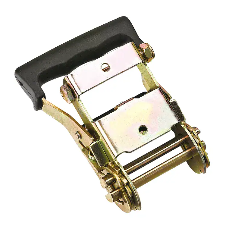 High-quality ratchet buckle with durable metal construction and ergonomic handle for reliable tension control.