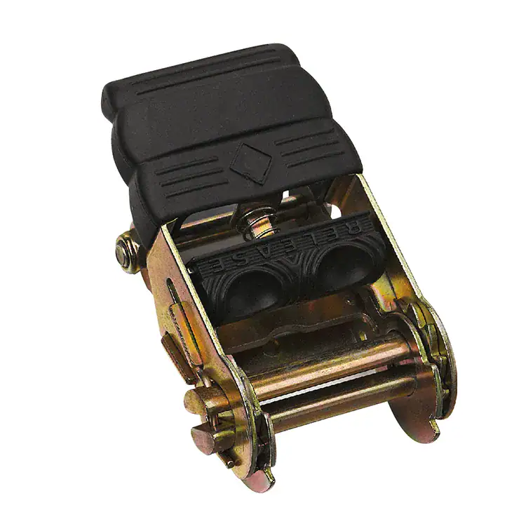 Close-up of a climbing harness locking mechanism showing metal buckles and safety features for secure climbing.