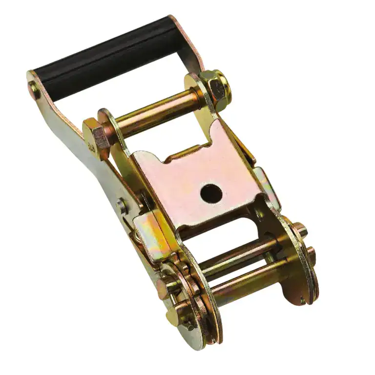 Industrial ratchet strap tensioner used for lifting, securing, and tightening heavy loads in construction and logistics.