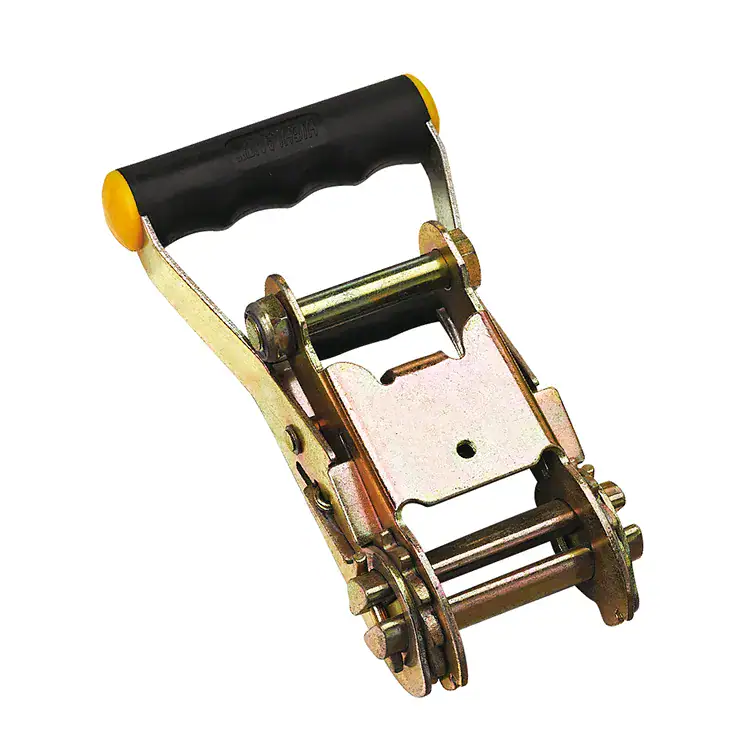 Industrial ratchet strap tensioner used for lifting, securing, and tightening heavy loads in construction and logistics.