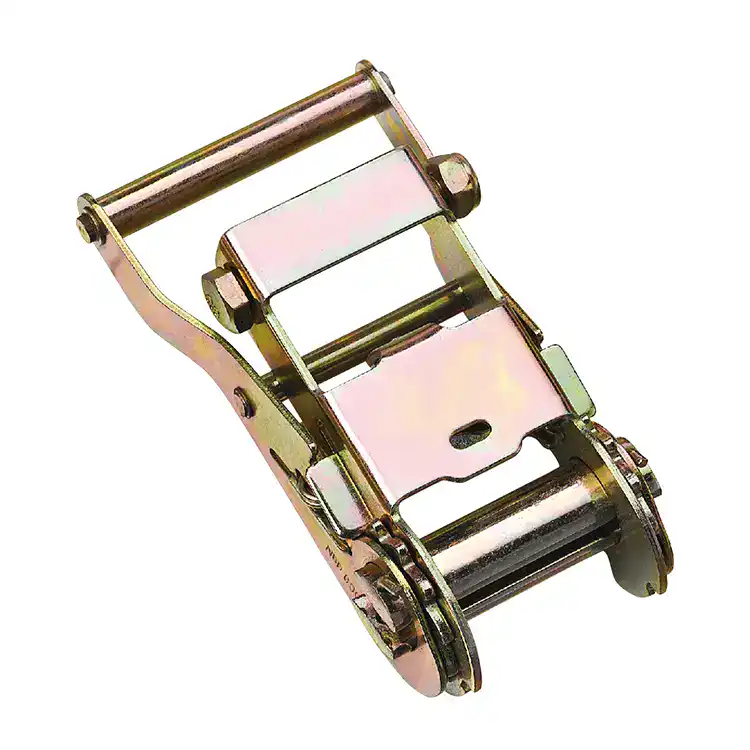 Heavy-duty metallic ratchet strap buckle for lifting, securing, and cargo management in industrial and transportation applications. Durable, reliable, and essential for safe load handling.
