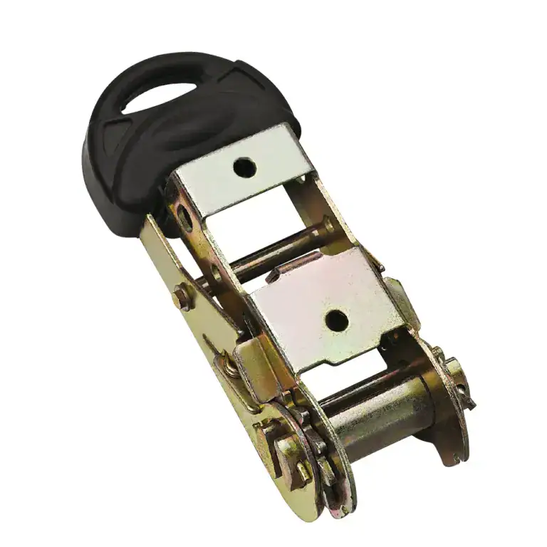 Hook and latch mechanism for fitness or industrial applications, featuring a sturdy metal construction with a black plastic handle for secure attachment and easy operation.