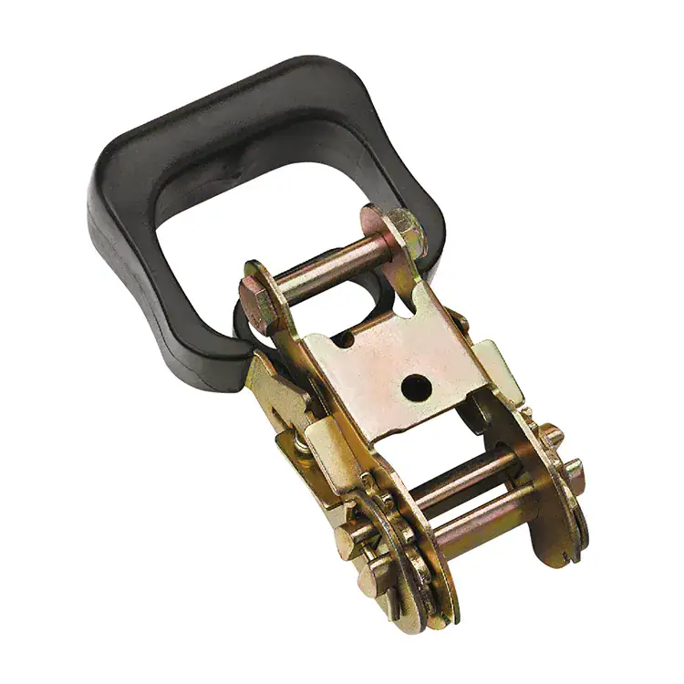 A robust lifting clamp with a black handle and metal components, designed for secure grip and safe lifting of heavy loads in industrial settings.