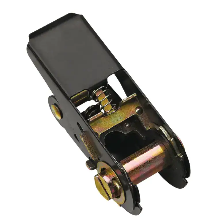 Close-up of a clamp locking mechanism used in lifting equipment, showing detailed metal components, springs, and locking parts for secure load handling.