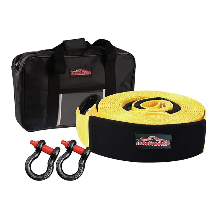 High-quality car lifting and recovery kit with tow hooks, lifting strap, and carrying bag for vehicle maintenance and emergency rescue.