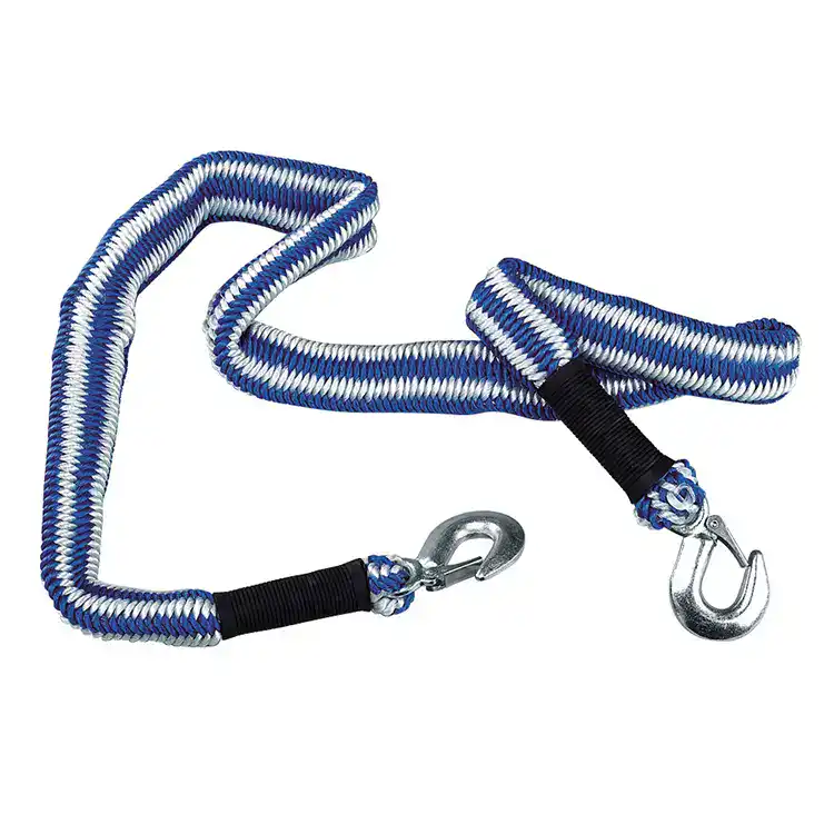 High-quality blue and white resistance training rope with metal hooks for secure attachment.