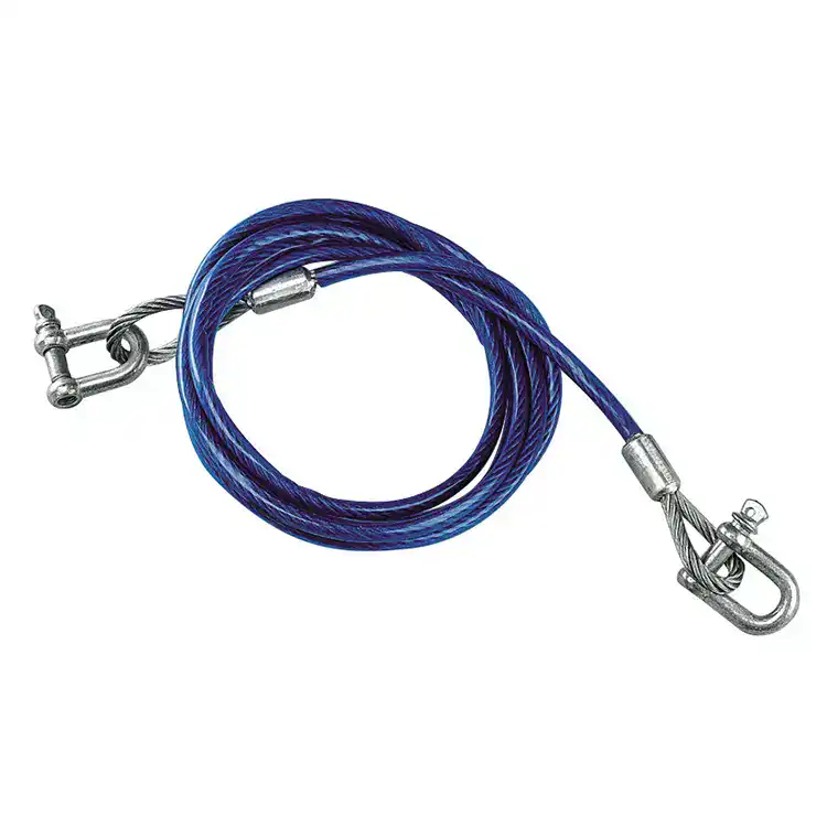 Blue cable with metal hooks for weightlifting and fitness training. Ideal for strength training, resistance exercises, and gym workouts, providing durability and safety.