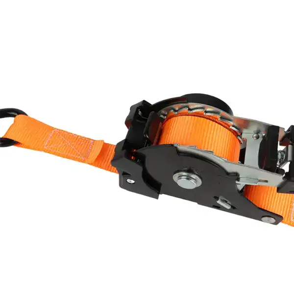 High-quality orange lifting strap with ratchet mechanism for secure and efficient heavy lifting, ideal for construction, moving, and industrial applications.