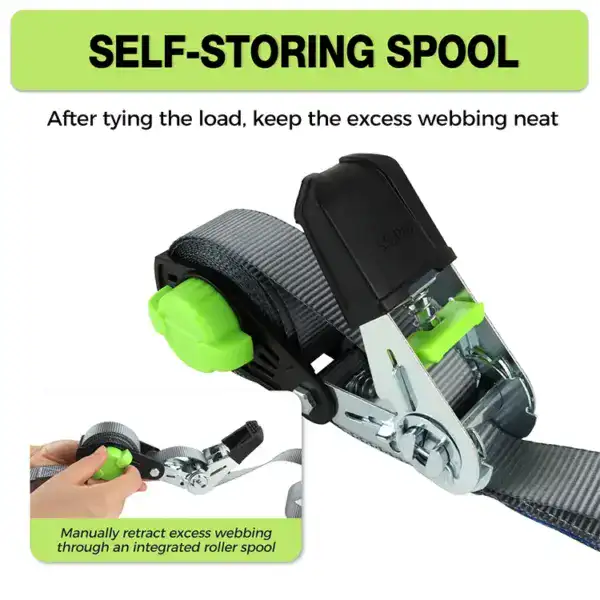 Close-up of a self-storing webbing spool with a roller for neat, organized webbing after tensioning. Ideal for gym equipment, fitness, and weightlifting accessories.