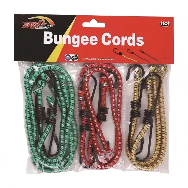 Set of three colorful bungee cords in green, red, and yellow with hooks, ideal for fitness, camping, and outdoor gear. Durable elastic cords for secure fastening and versatile use.